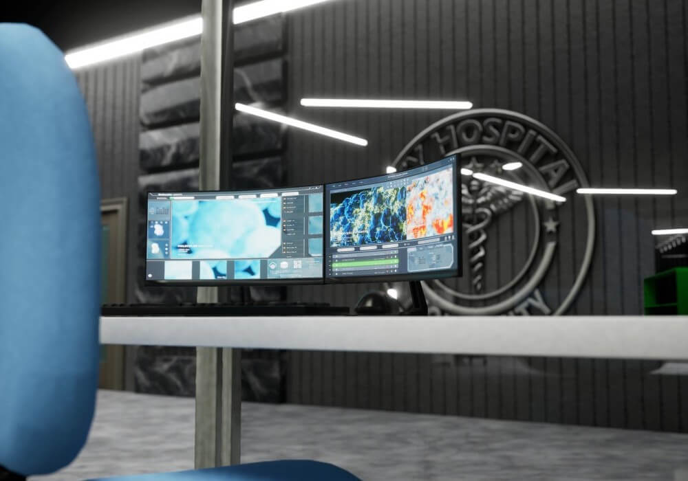 Sistema de vigilância com monitores de segurança em ambiente clínico de alta tecnologia