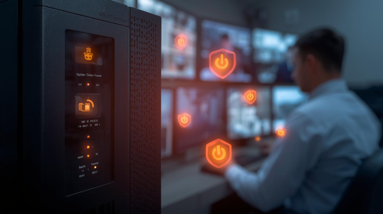 Nobreak em operação com câmeras de segurança e vigilante monitorando sistema